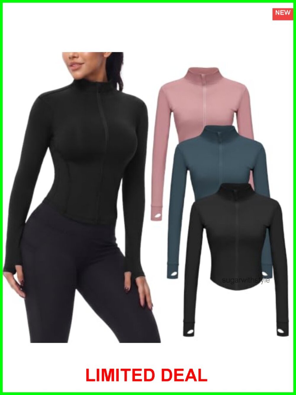 Women's Cropped Full Zip Workout Jacket with Thumb Holes Slim Fit Athletic
